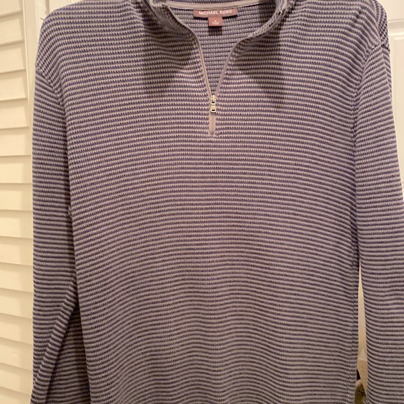 MICHAEL KORS Men’s Knit 1/4 zip front Gray/Navy Stripe Size M LongSleeves EUC - Picture 1 of 2